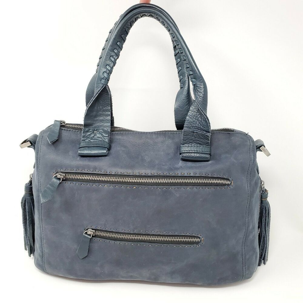 Carla Mancini Joel Nubuck Leather Zipper Saddle Stitch Tassel Handbag Bag Blue